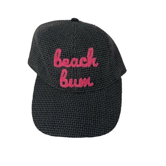 Beach Bum Hat Black Woven Baseball Cap Pink Embroidery Womens OS Strap Back NEW - Picture 3 of 7